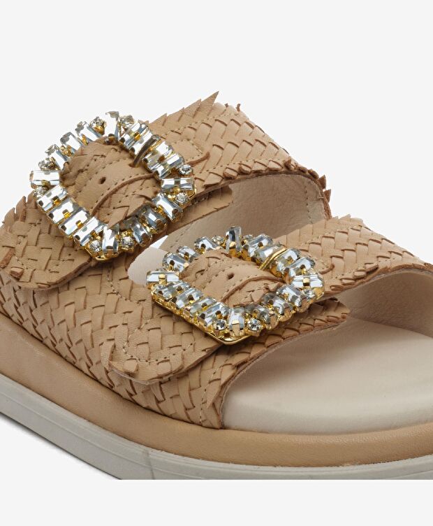 Kadın Krem Hakiki Deri Taşlı Terlik - 5