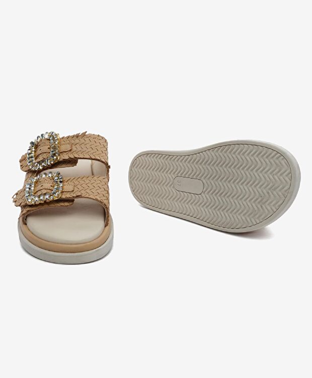 Kadın Krem Hakiki Deri Taşlı Terlik - 6