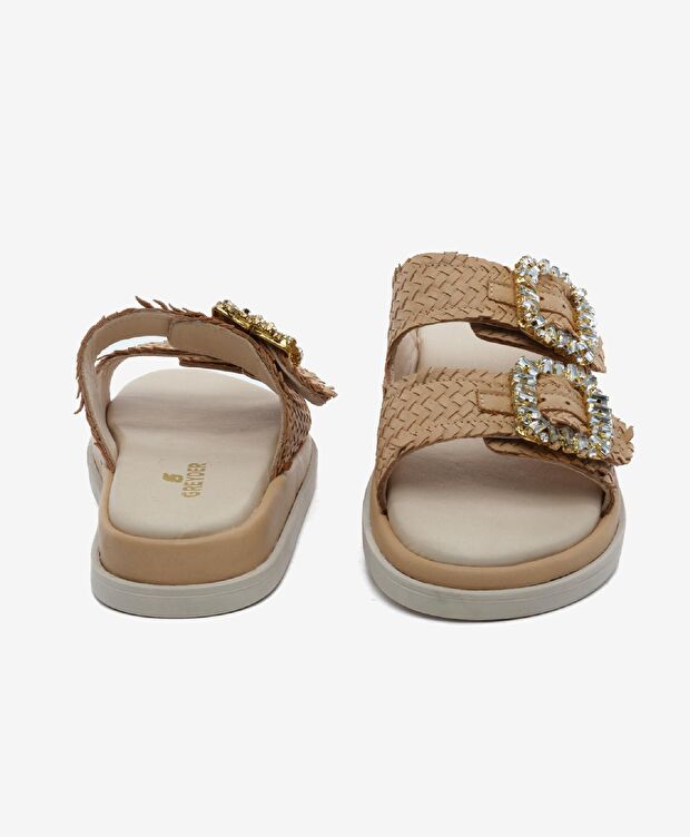 Kadın Krem Hakiki Deri Taşlı Terlik - 7