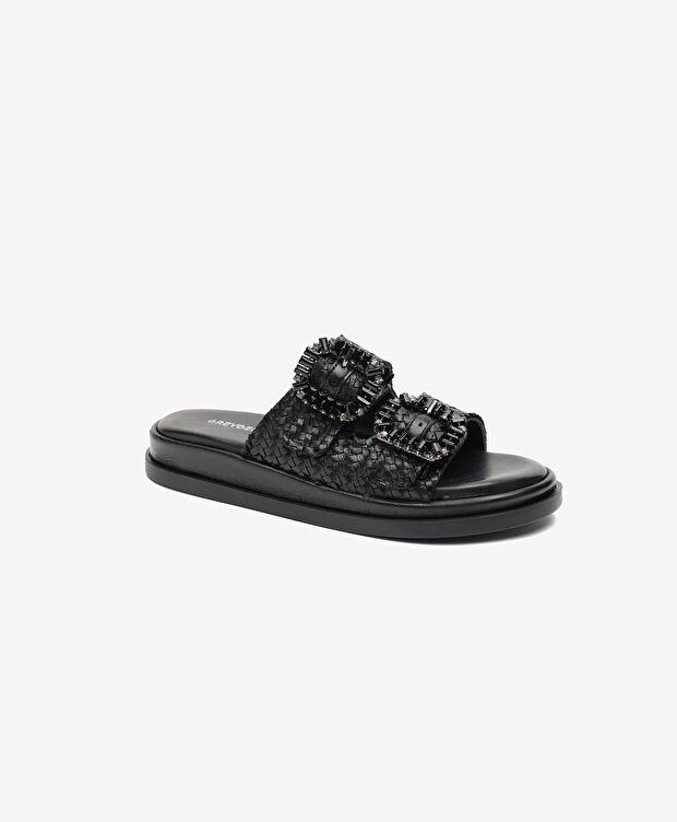 Kadın Parlak Siyah Hakiki Deri Taşlı Terlik - 2