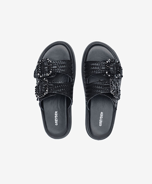 Kadın Parlak Siyah Hakiki Deri Taşlı Terlik - 5