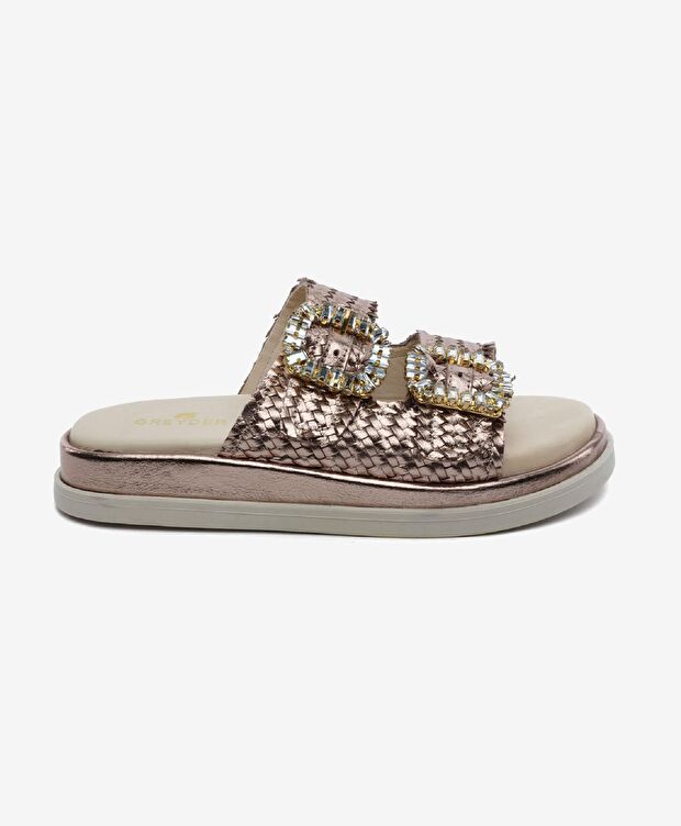 Kadın Bronz Hakiki Deri Taşlı Terlik - 1