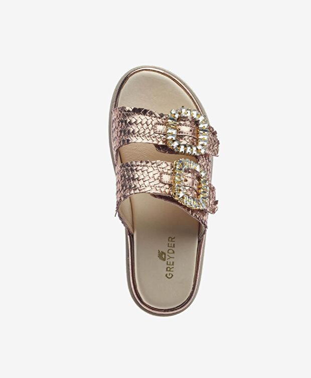 Kadın Bronz Hakiki Deri Taşlı Terlik - 4