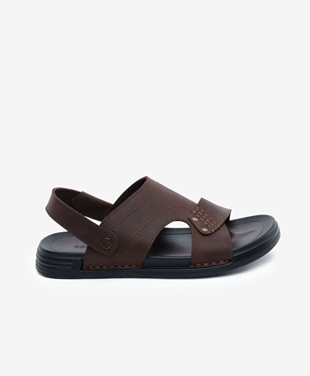 Erkek Kahverengi Hakiki Deri Sandalet - 1