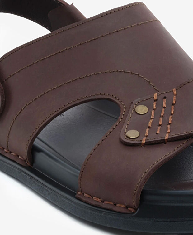 Erkek Kahverengi Hakiki Deri Sandalet - 5