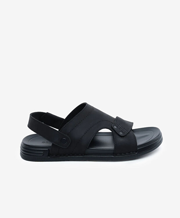 Erkek Siyah Hakiki Deri Sandalet - 1