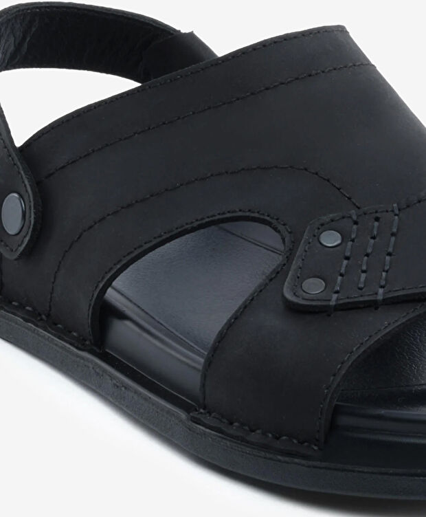 Erkek Siyah Hakiki Deri Sandalet - 5