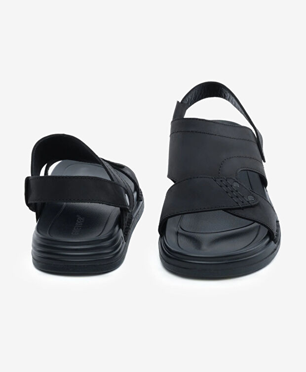 Erkek Siyah Hakiki Deri Sandalet - 7