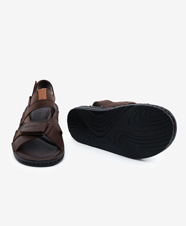 Erkek Kahverengi Hakiki Deri Sandalet - 6