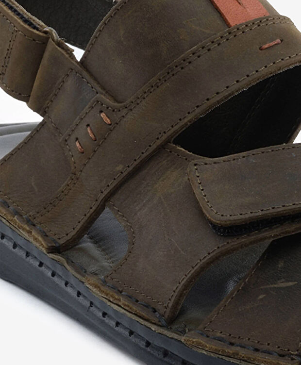 Erkek Haki Hakiki Deri Sandalet - 5