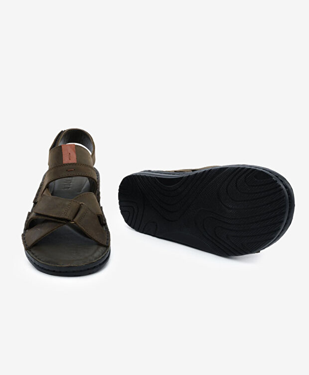 Erkek Haki Hakiki Deri Sandalet - 6