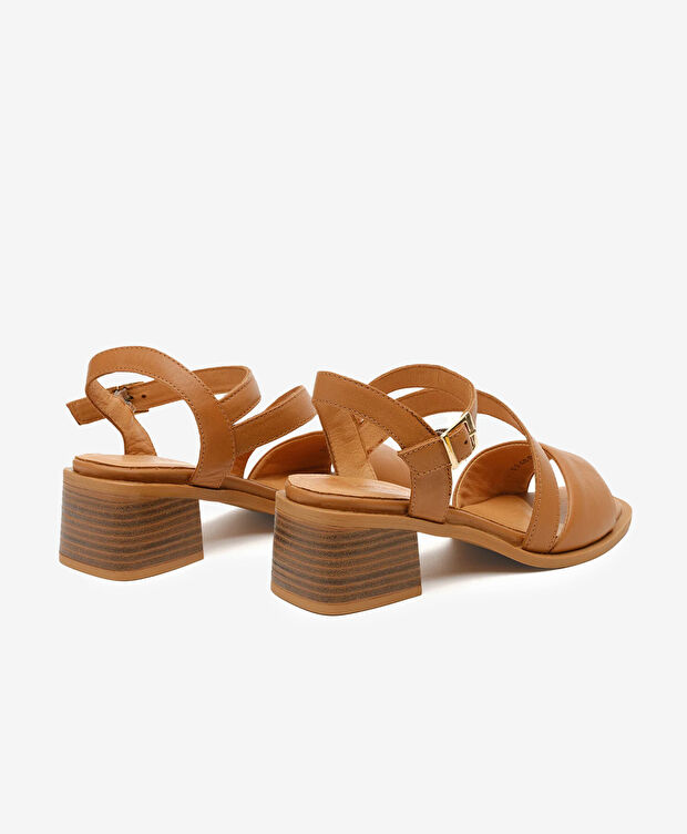 Kadın Taba Hakiki Deri Topuklu Sandalet - 4