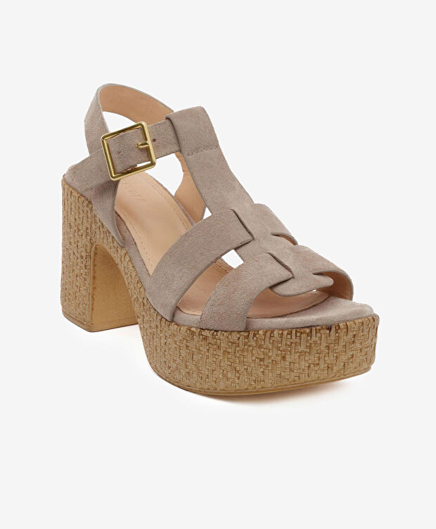 Kadın Bej Süet Hakiki Deri Topuklu Sandalet - 2