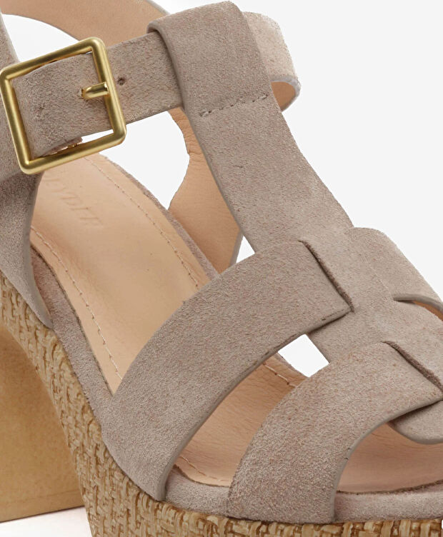 Kadın Bej Süet Hakiki Deri Topuklu Sandalet - 5