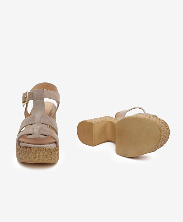 Kadın Bej Süet Hakiki Deri Topuklu Sandalet - 6