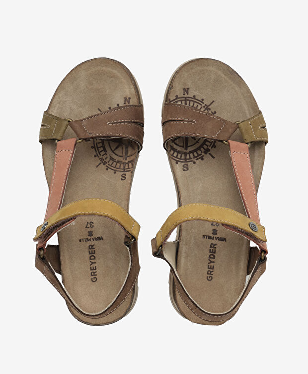 Kadın Haki Turuncu Nubuk Hakiki Deri Sandalet - 5