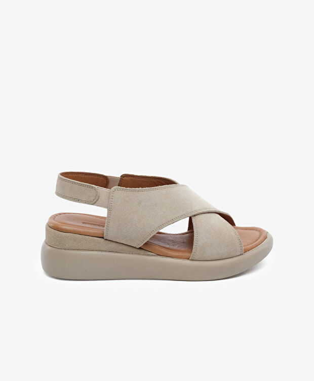 Kadın Bej Süet Hakiki Deri Comfort Sandalet - 1