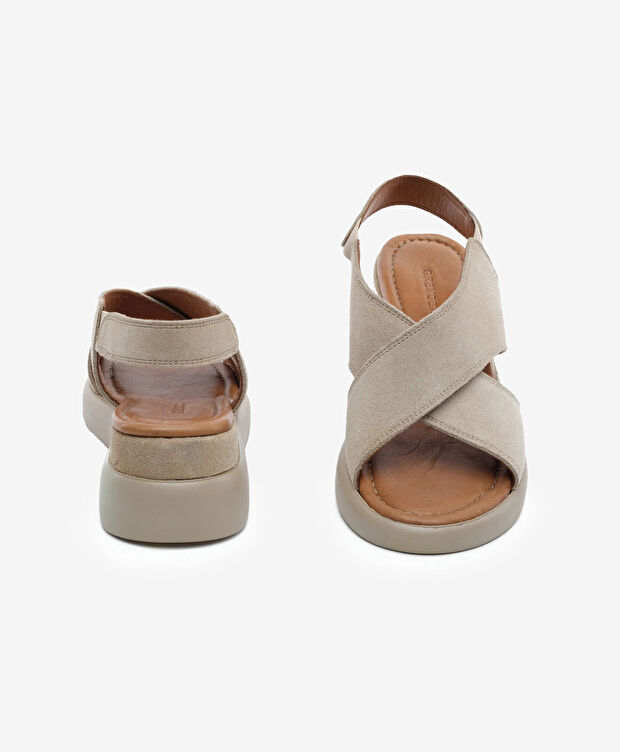 Kadın Bej Süet Hakiki Deri Comfort Sandalet - 7
