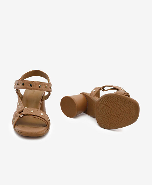 Kadın Taba Hakiki Deri Topuklu Sandalet - 6