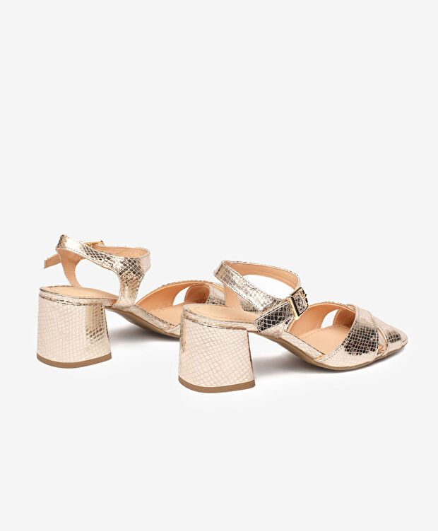 Kadın Altın Hakiki Deri Topuklu Sandalet - 4