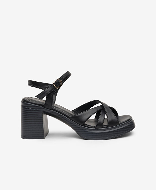 Kadın Siyah Hakiki Deri Topuklu Sandalet - 1