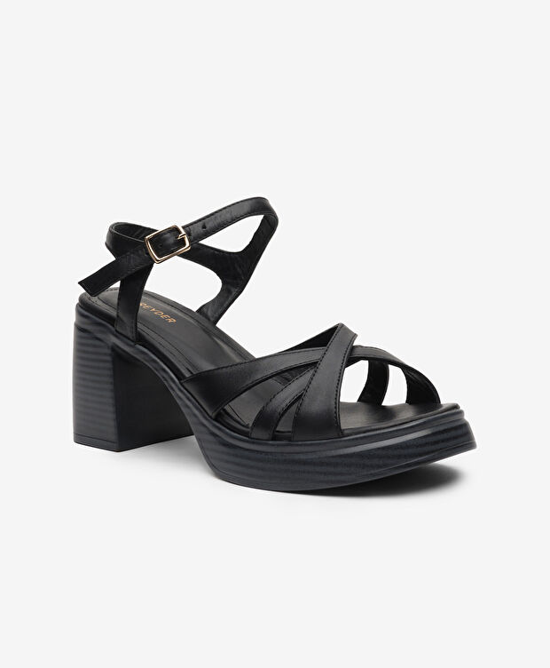 Kadın Siyah Hakiki Deri Topuklu Sandalet - 2