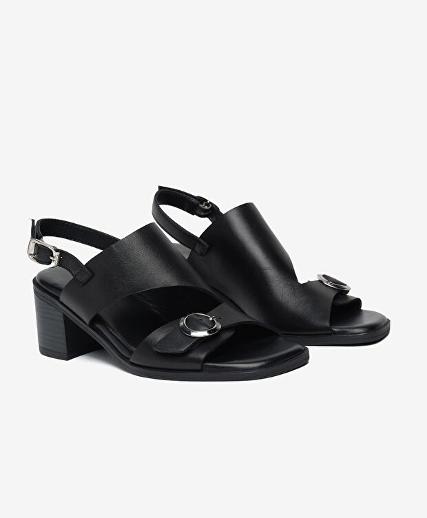 Kadın Siyah Hakiki Deri Topuklu Sandalet - 3