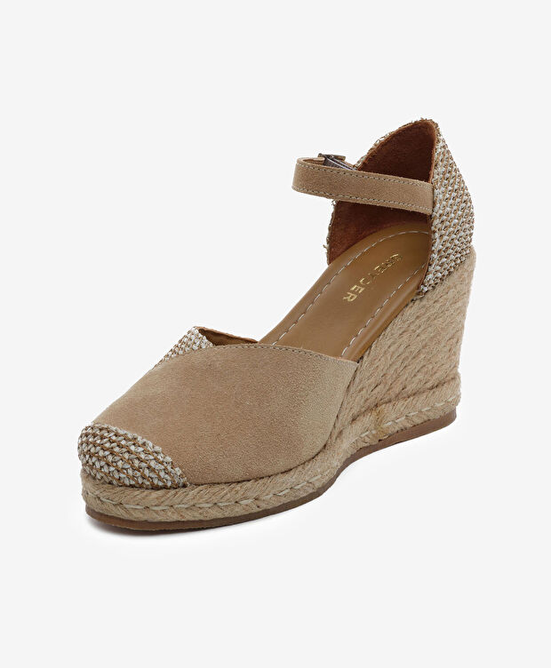 Kadın Bej Keten Bisküvi Süet Hakiki Deri Topuklu Sandalet - 3