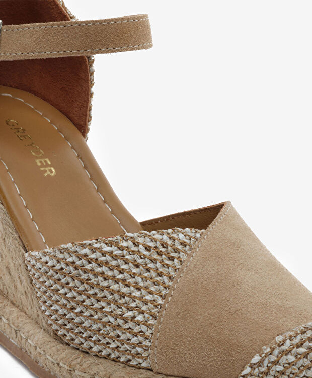 Kadın Bej Keten Bisküvi Süet Hakiki Deri Topuklu Sandalet - 5