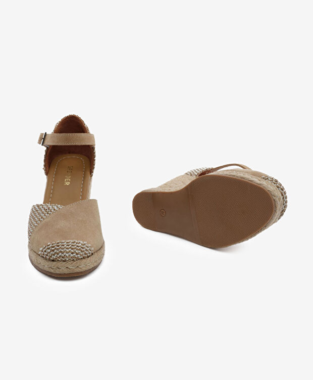 Kadın Bej Keten Bisküvi Süet Hakiki Deri Topuklu Sandalet - 6