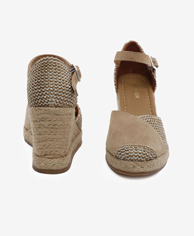 Kadın Bej Keten Bisküvi Süet Hakiki Deri Topuklu Sandalet - 7
