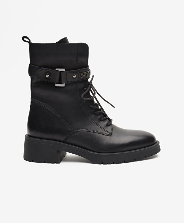 Kadın Siyah Hakiki Deri Military Bot - 1
