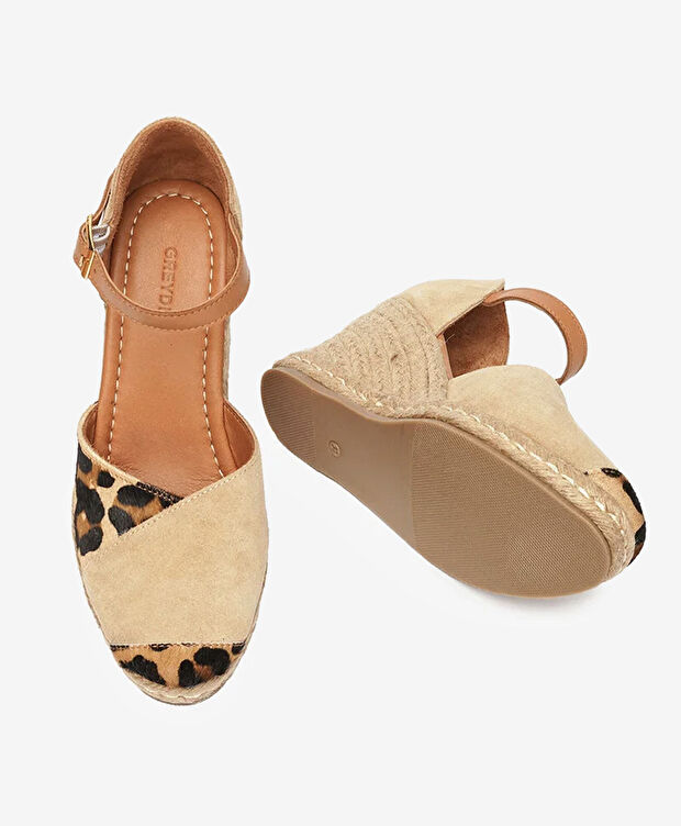 Kadın Leopar Bisküvi Süet Hakiki Deri Topuklu Sandalet - 6