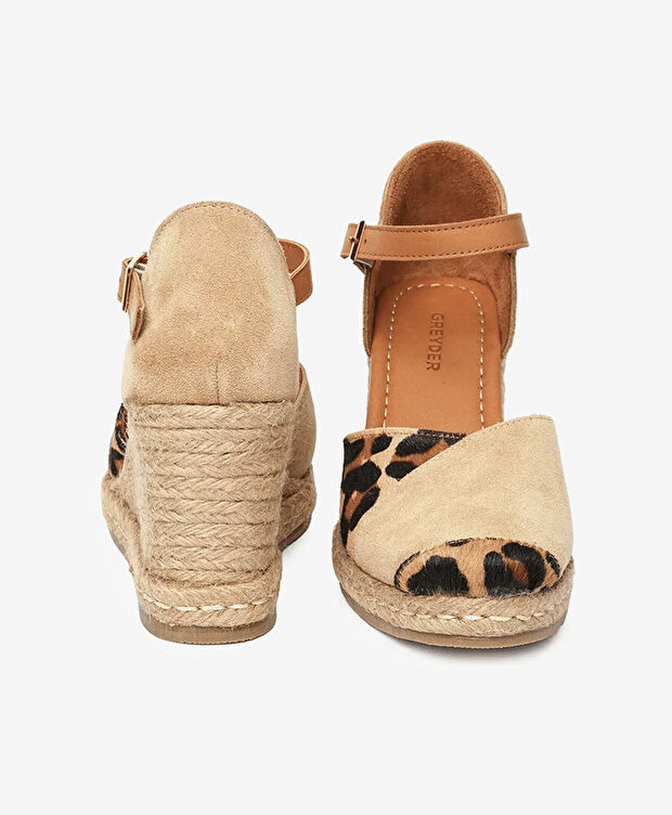 Kadın Leopar Bisküvi Süet Hakiki Deri Topuklu Sandalet - 7